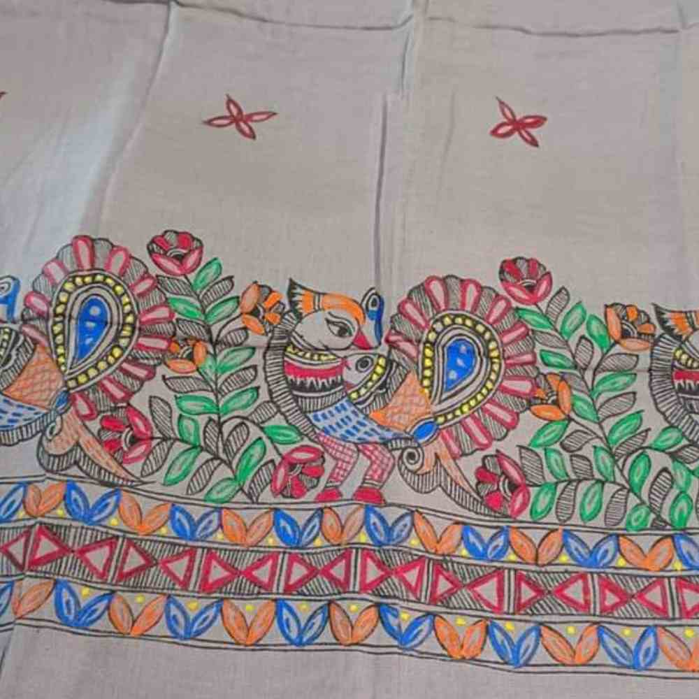 Madhubani Painting Grey Colour Stole - Peacock